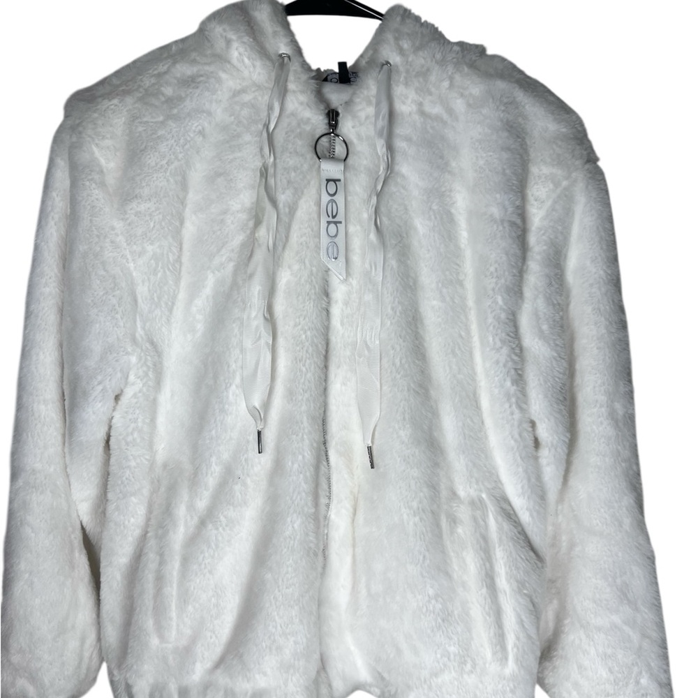 Bebe Women's White Faux Fur Zip Up Sweater Jacket Size M
